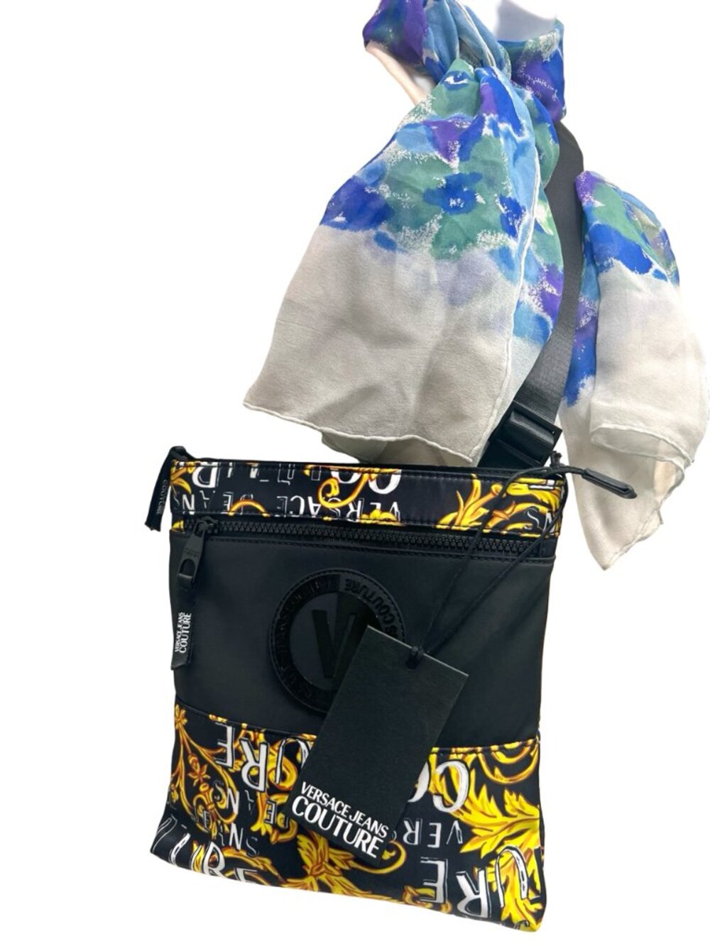 VERSACE JEANS COUTURE Shoulder Bag Black Gold  White Logo+Free Chiffon Scarf(11 - Picture 2 of 15